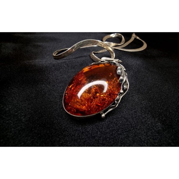 Vintage Genuine Amber Pendant Necklace Sterling Silver 925